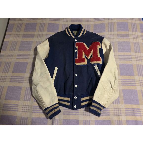 VTG 60s 70s Empire Varsity Letterman Wool Leather Bomber Jacket Blue White Big M
